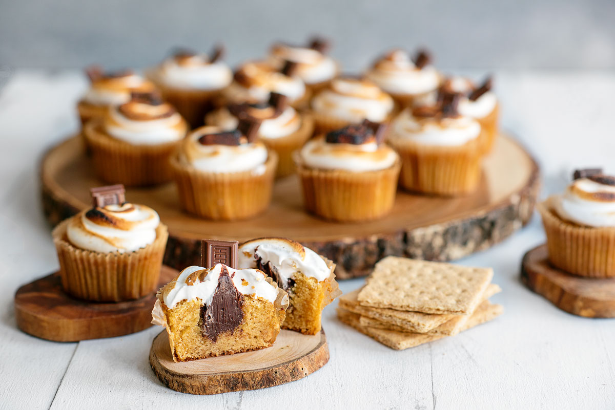 Stuffed S'mores Cupcakes Recipe with Toasted Marshmallow Frosting