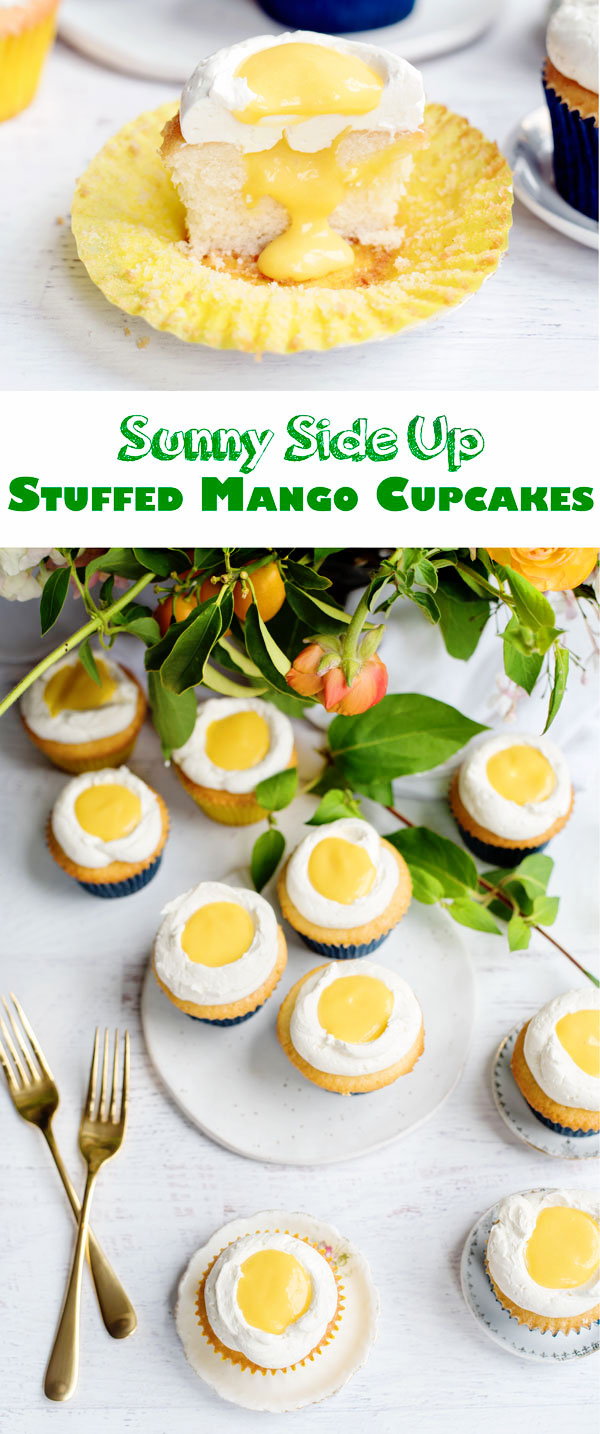 Amazing Stuffed Mango Cupcakes that look like sunny side up eggs! Perfect for a farm-themed party.