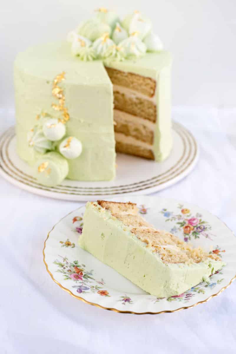 Beautiful Wedding Cake Inspiration - Best Vanilla Cake and Vanilla Frosting for a Pale Green Cake with French Macarons and Meringues