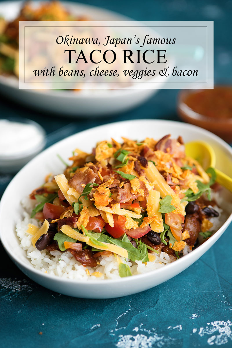 Okinawa Japan Taco Rice Recipe with Black Beans, Cheese, Tomatoes and BACON!