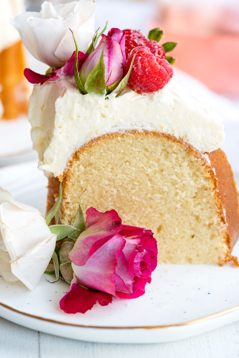 Vanilla Bundt Cake Recipe with Rosewater Buttercream Topped with Edible Flowers